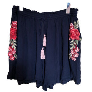 Women’s Boho Loose Fit Festival Floral  Embroidered Pull On Shorts Large